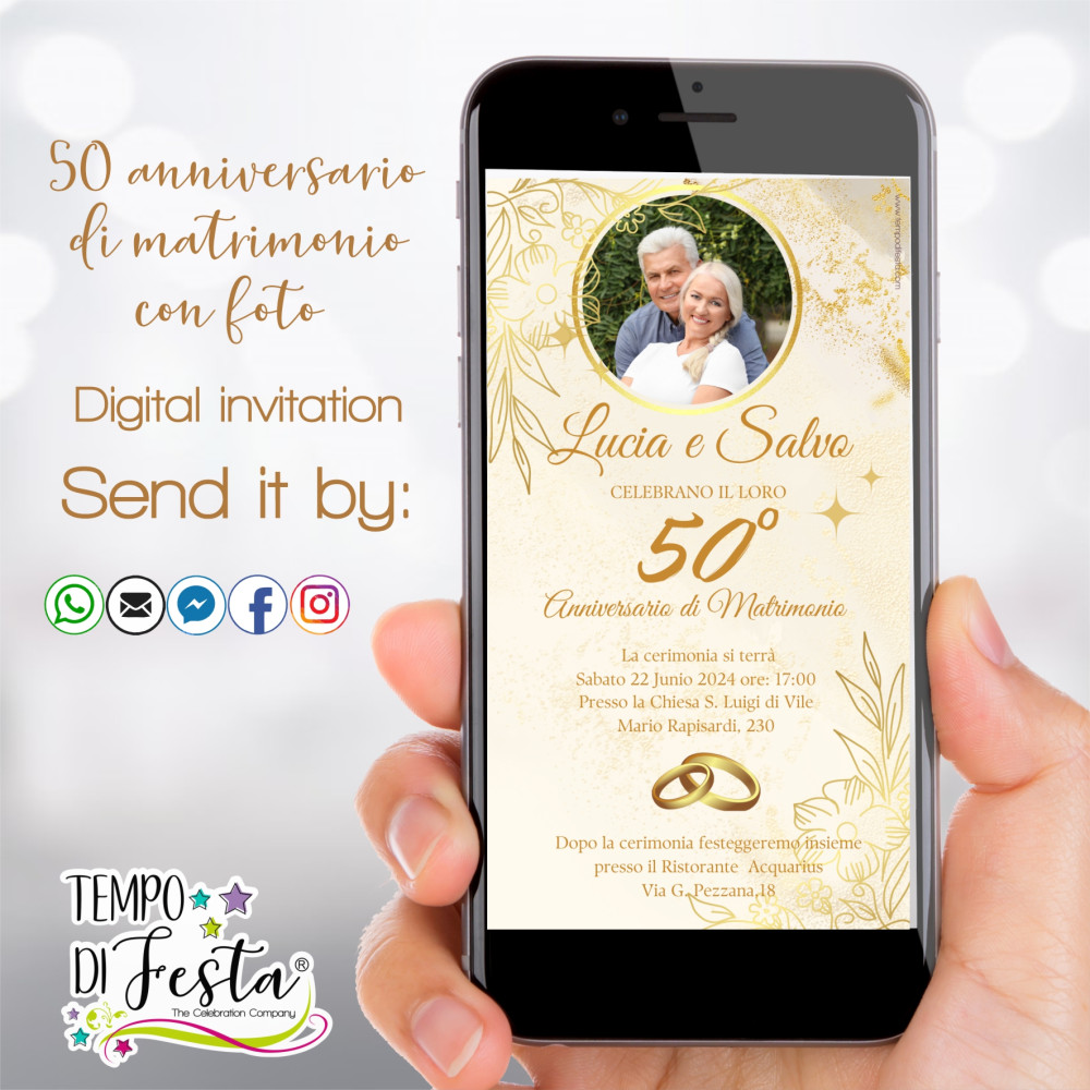 50 aniversario de bodas invitación digital con foto para WhatsApp